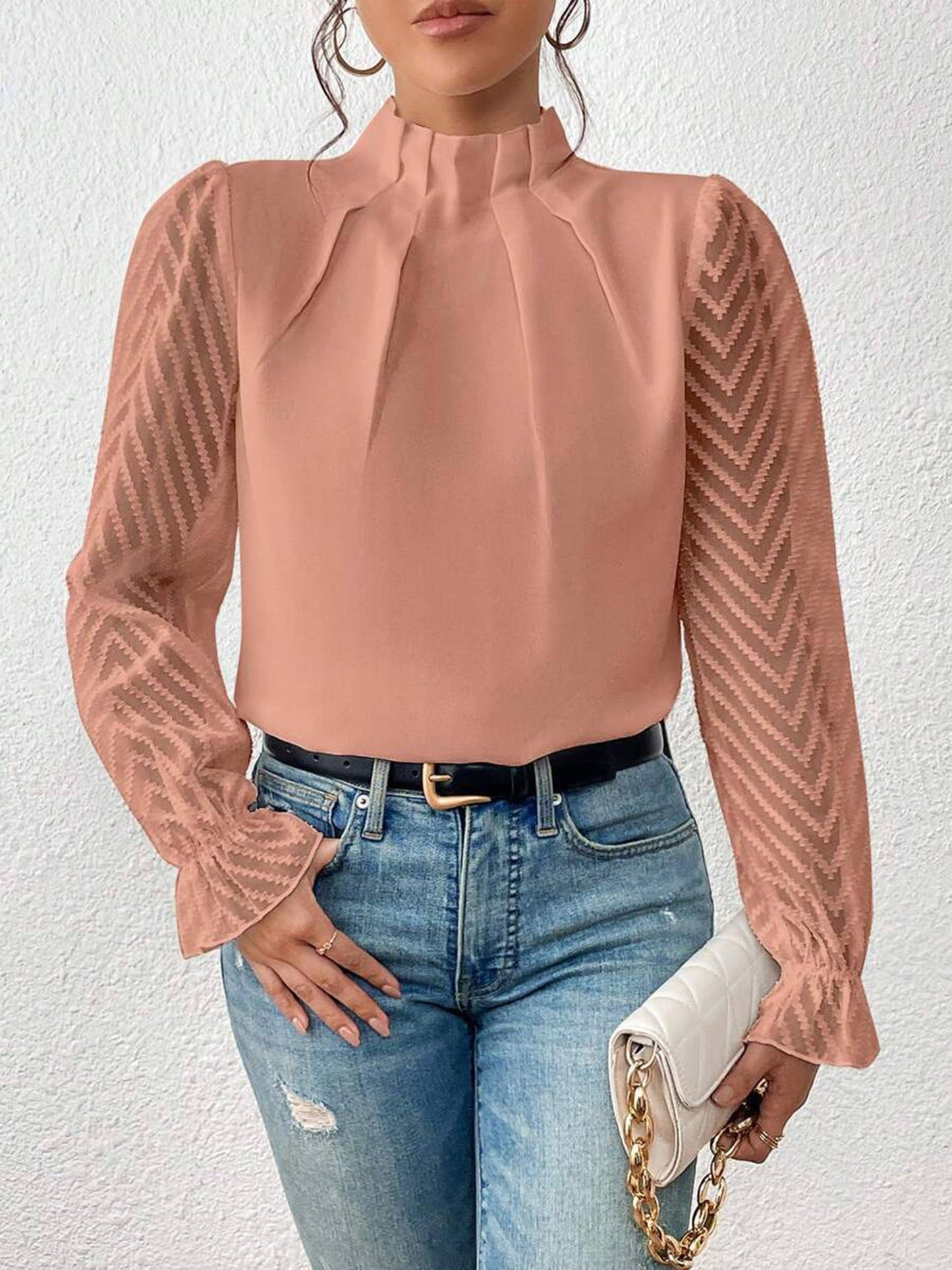 Chiffon Long Puff Sleeve Mock Neck Blouse