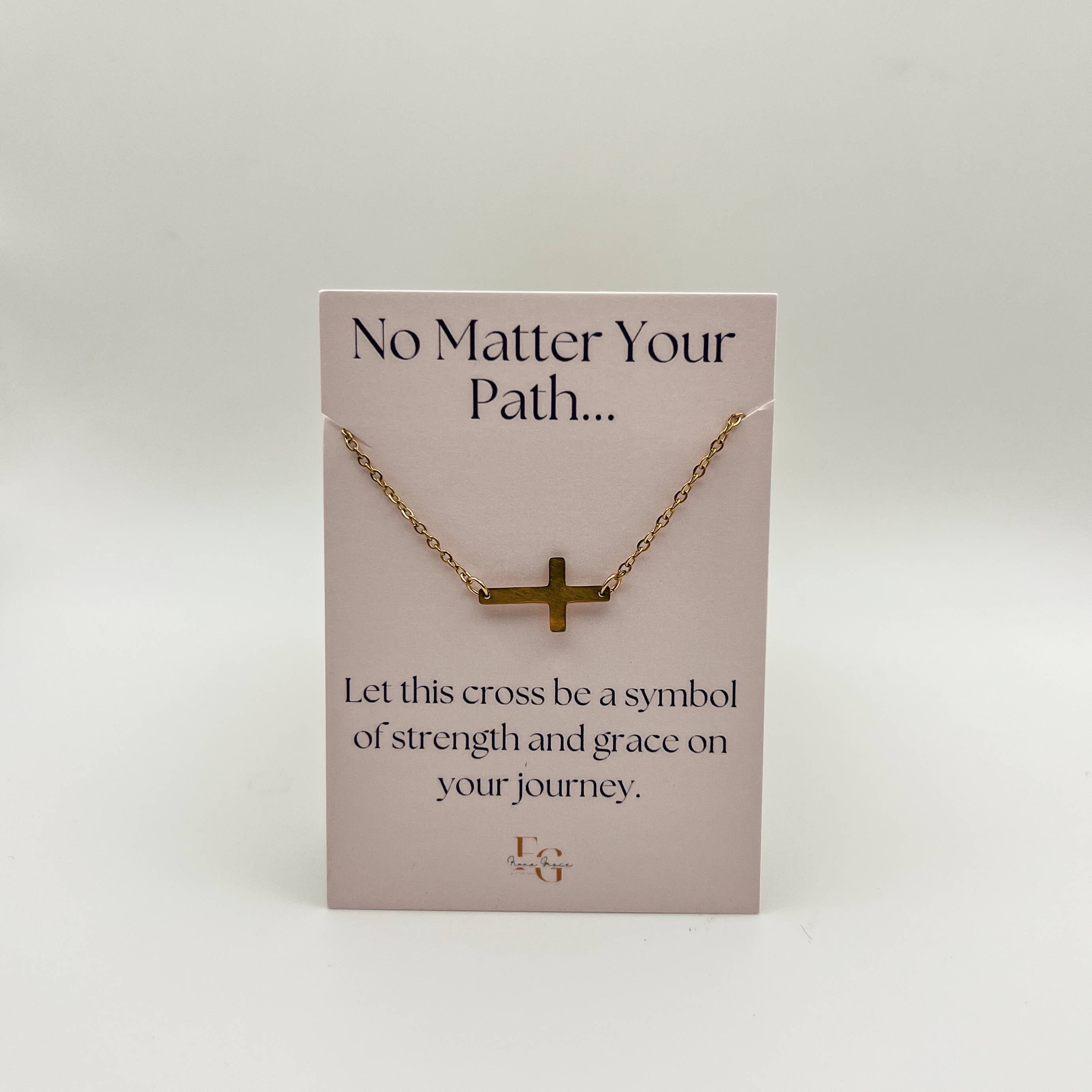 Sideways Cross Necklace On Meaningful Affirmation Card, 18K