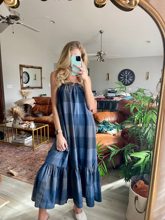 Blue toned plaid square neck midi dress