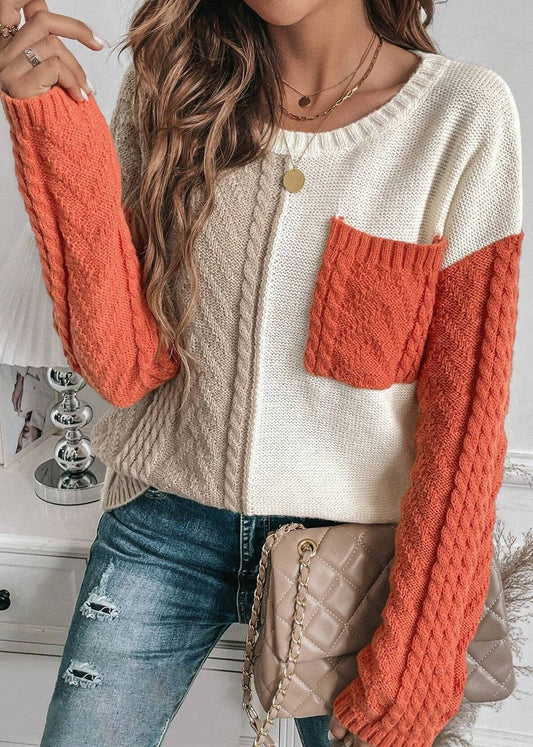 Colorblock Cable Patch Pocket Sweater