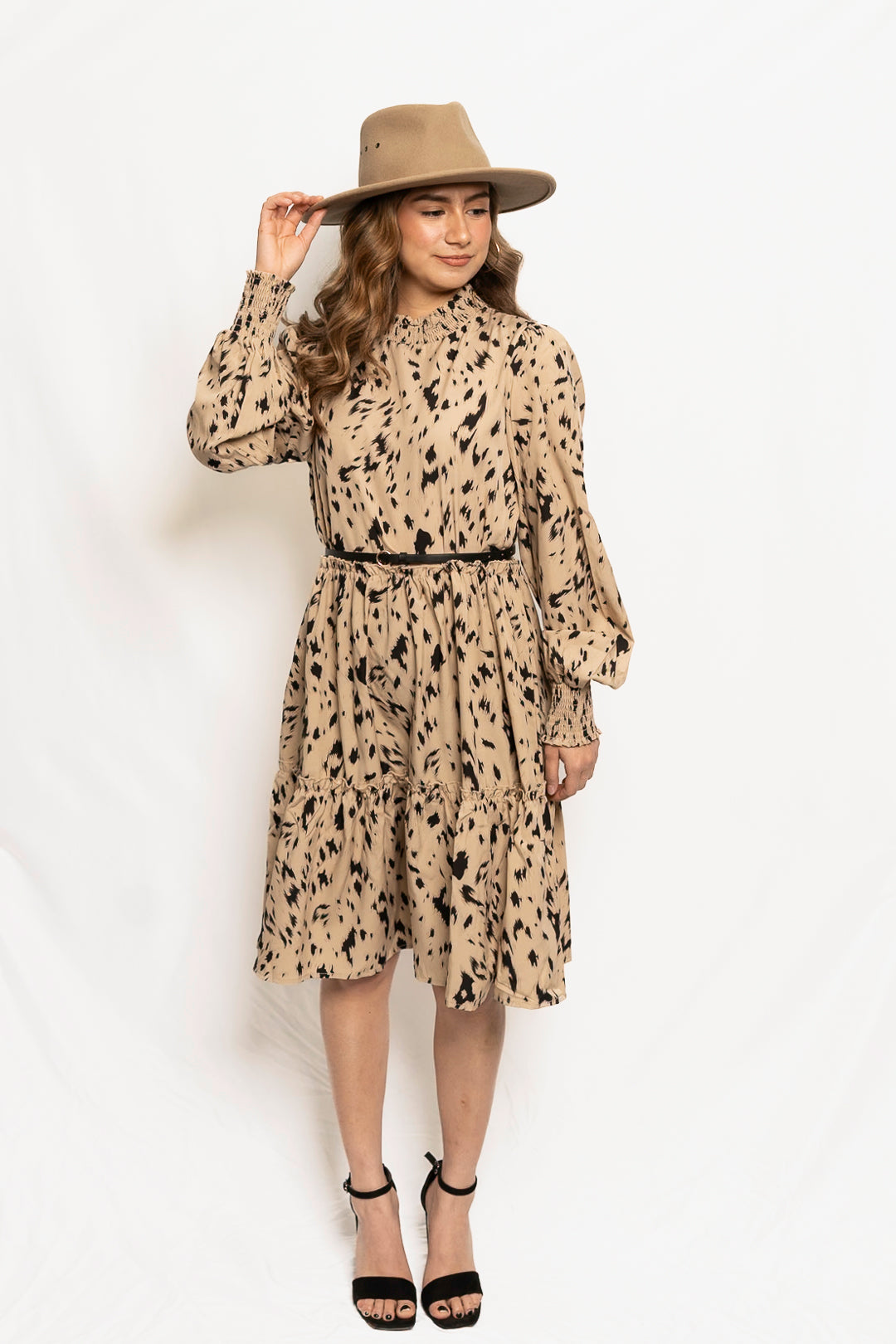 Printed Long Sleeved Strap Patchwork Dress