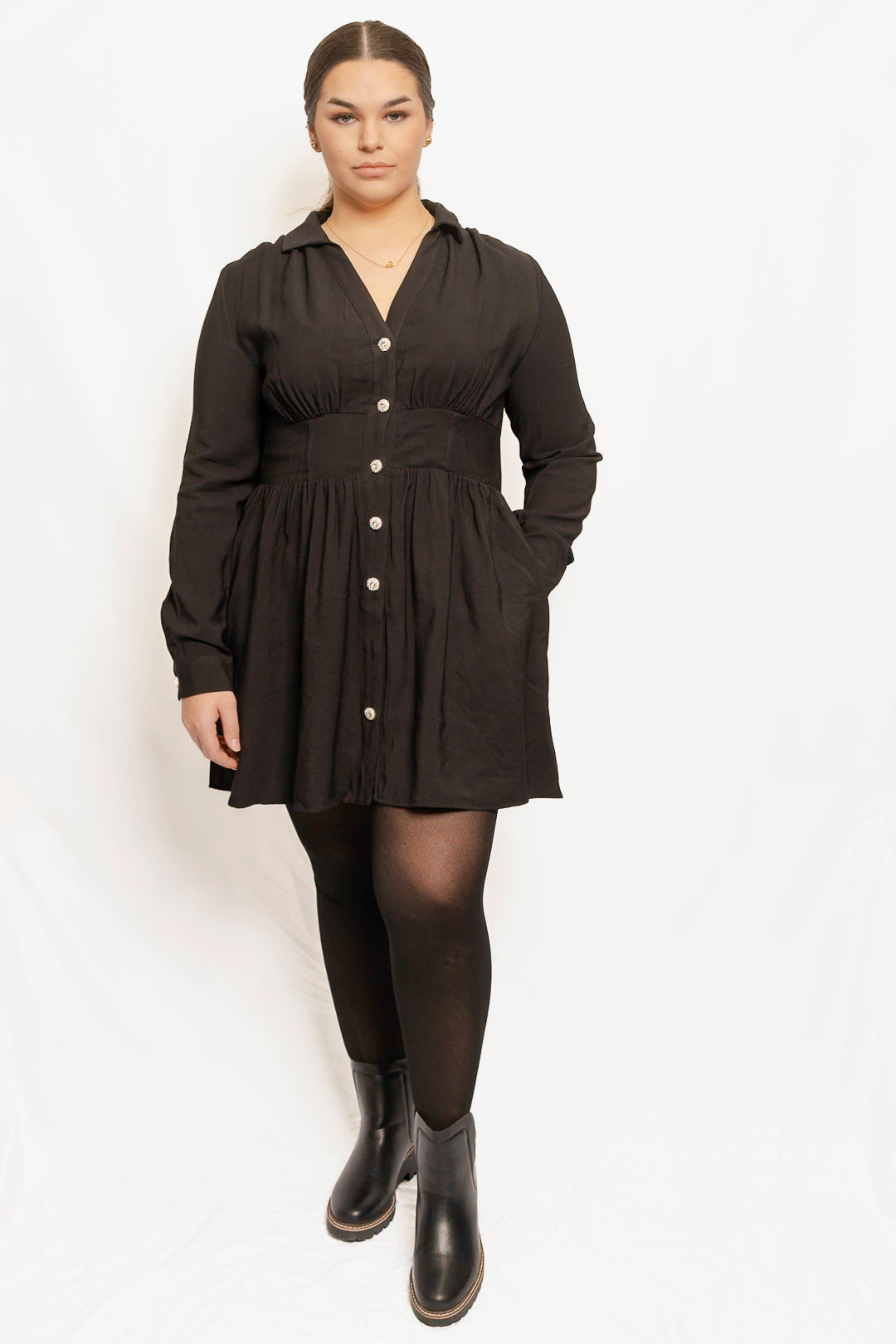 Elastic Cinched High Waist Long Sleeve Shirt Mini Dress