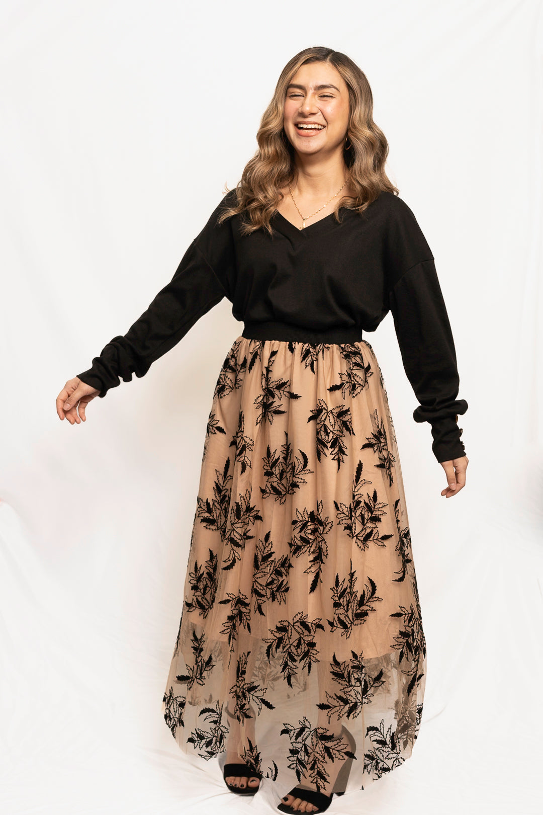 Apricot Floral Leaves Embroidered High Waist Maxi Skirt