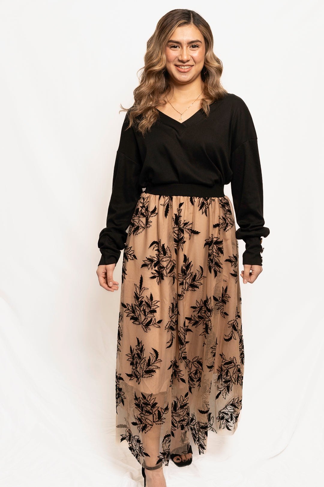 Apricot Floral Leaves Embroidered High Waist Maxi Skirt