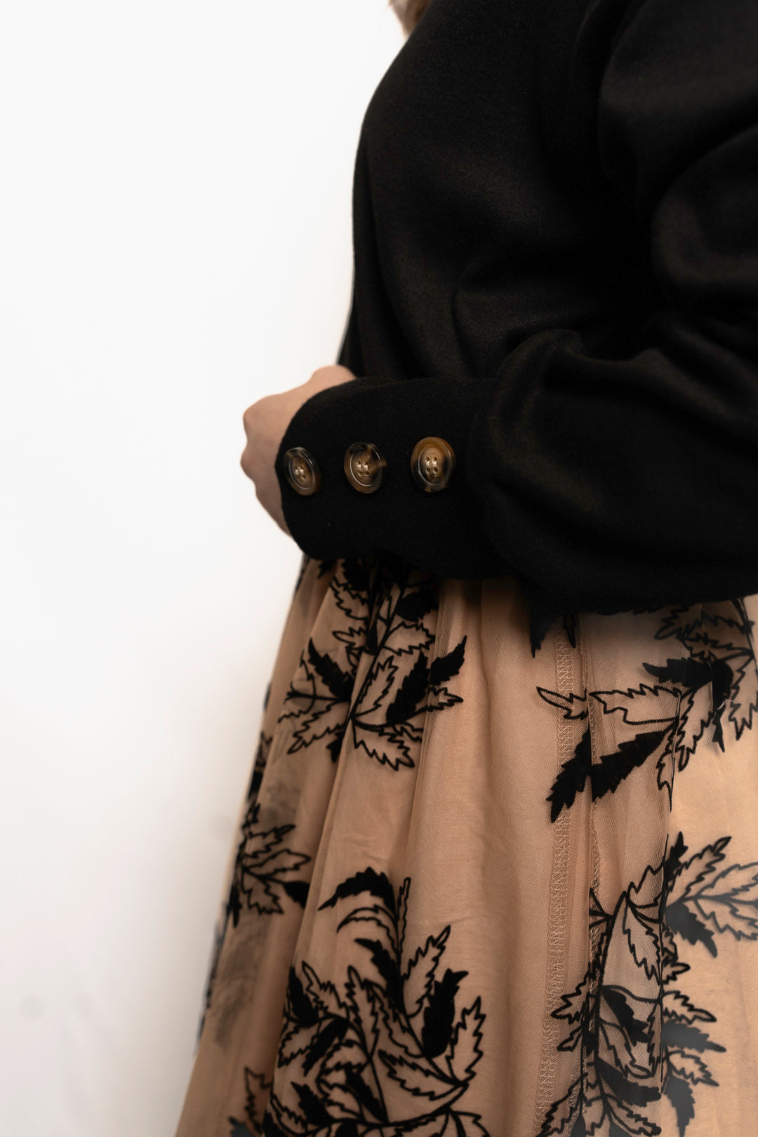 Apricot Floral Leaves Embroidered High Waist Maxi Skirt