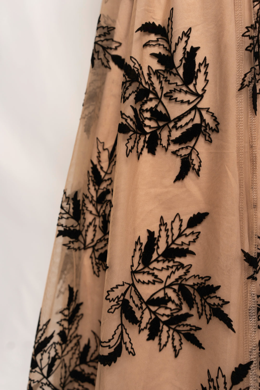 Apricot Floral Leaves Embroidered High Waist Maxi Skirt