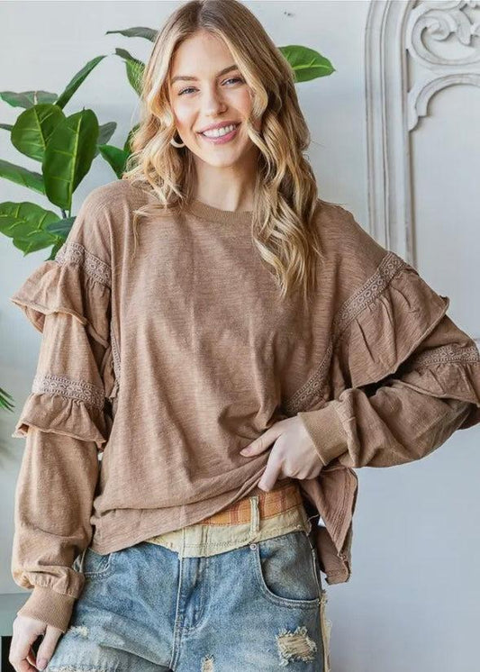 Mocha Ruffle Sleeve Top