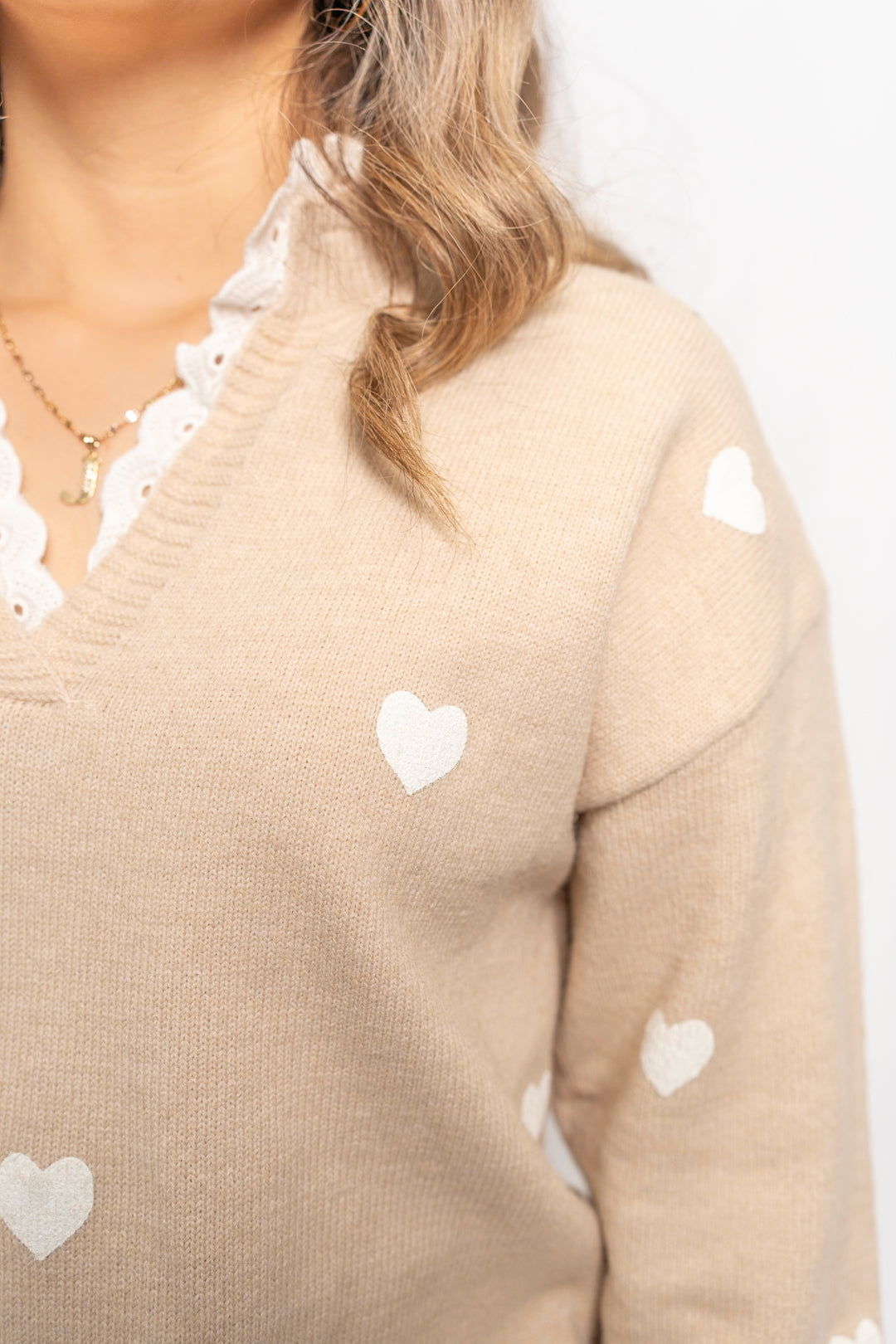 Valentine's Day V-neck Spliced Lace Pullover Knitted Sweater