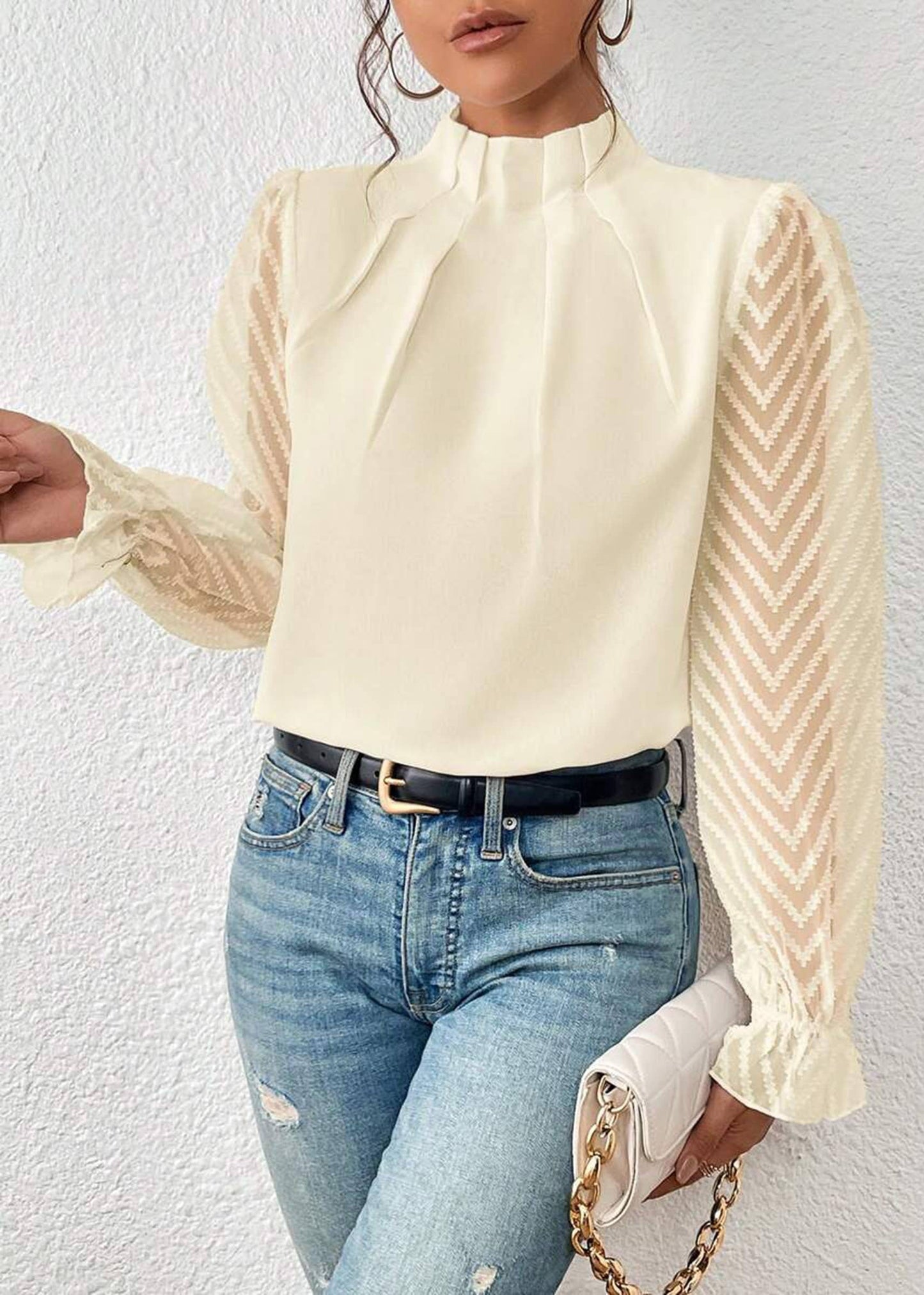 Chiffon Long Puff Sleeve Mock Neck Blouse