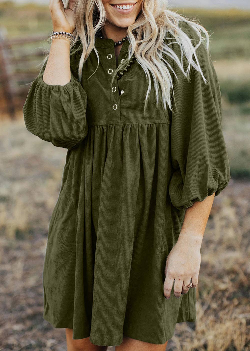 Corduroy Buttoned 3/4 Sleeve Dress