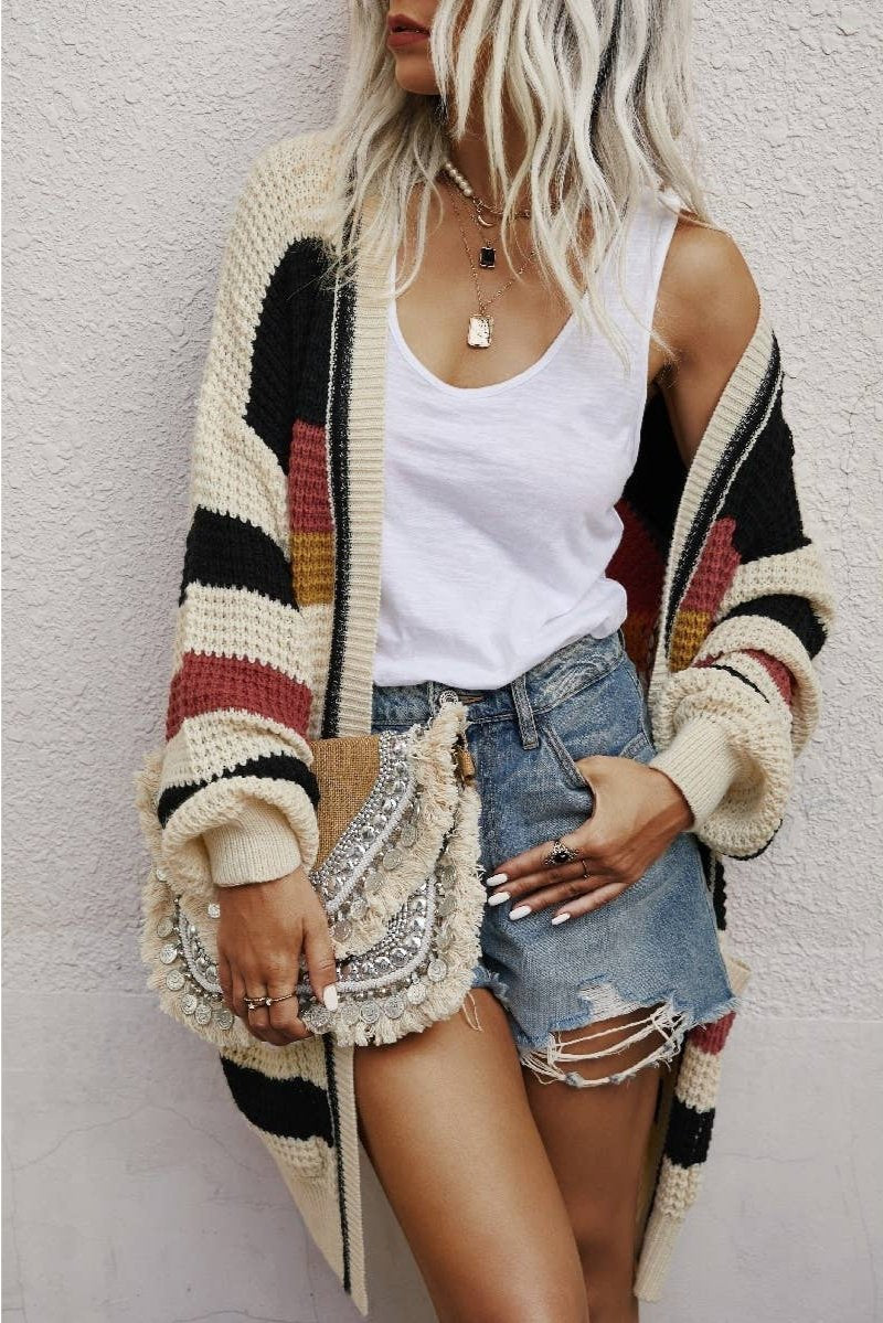 Knit Strip Long Sleeves Cardigan