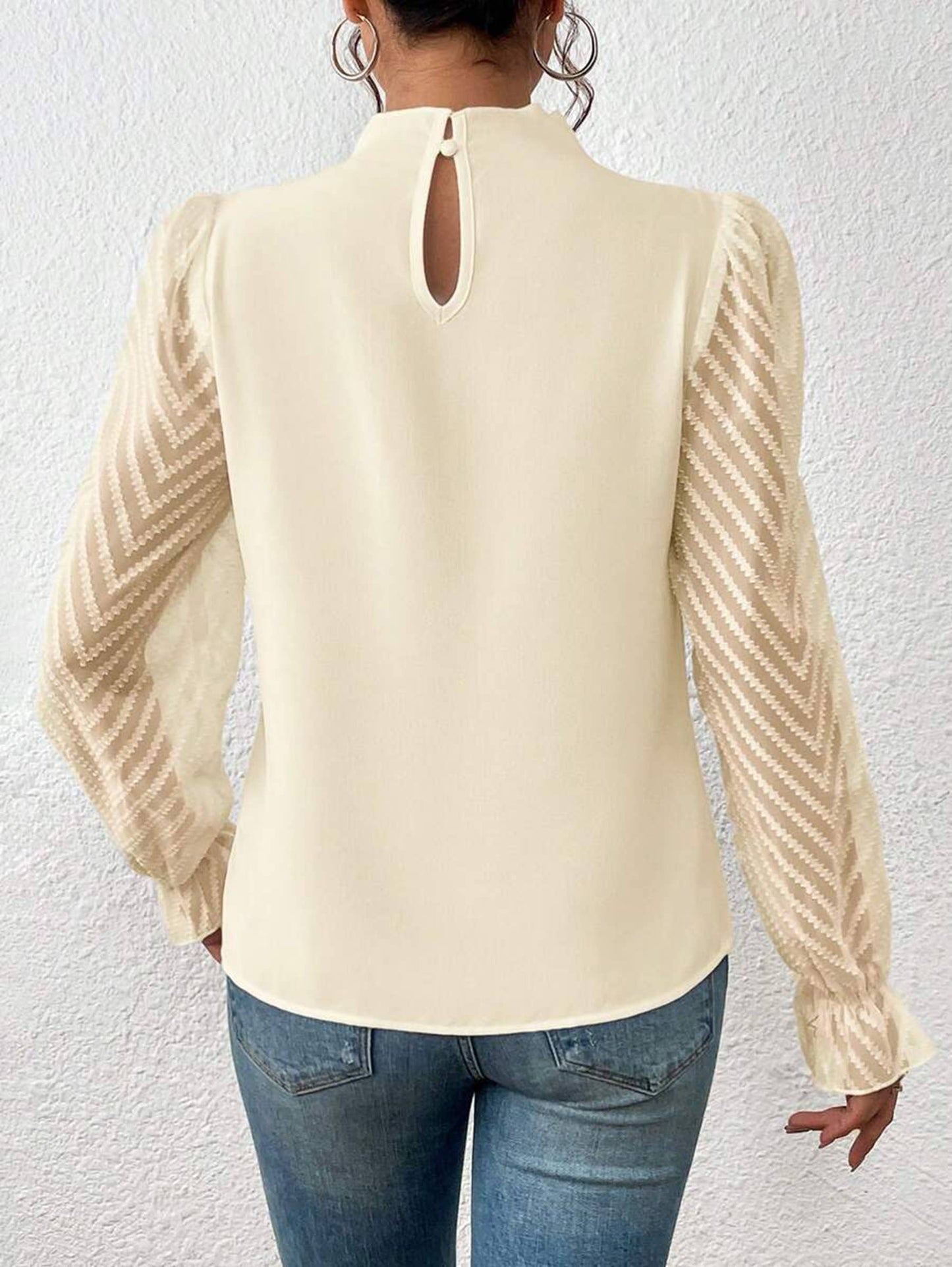 Chiffon Long Puff Sleeve Mock Neck Blouse