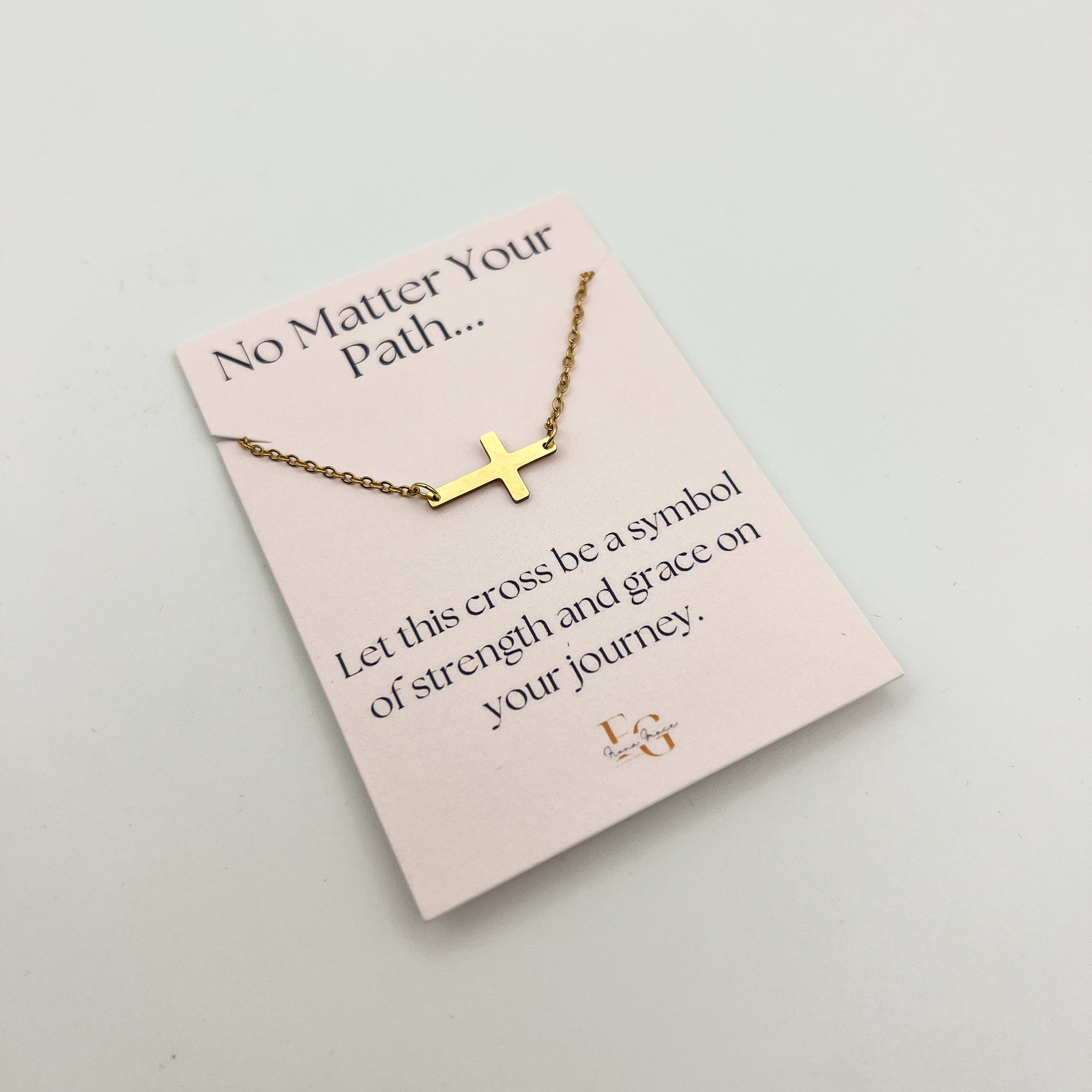 Sideways Cross Necklace On Meaningful Affirmation Card, 18K