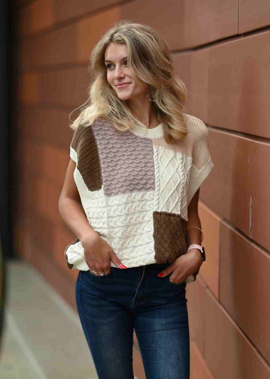 Neutral color blocked sweater vest that is perfect as a transitional piece