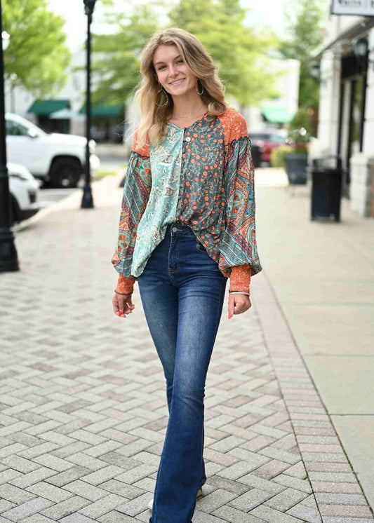 Multi-print long sleeve button down blouse