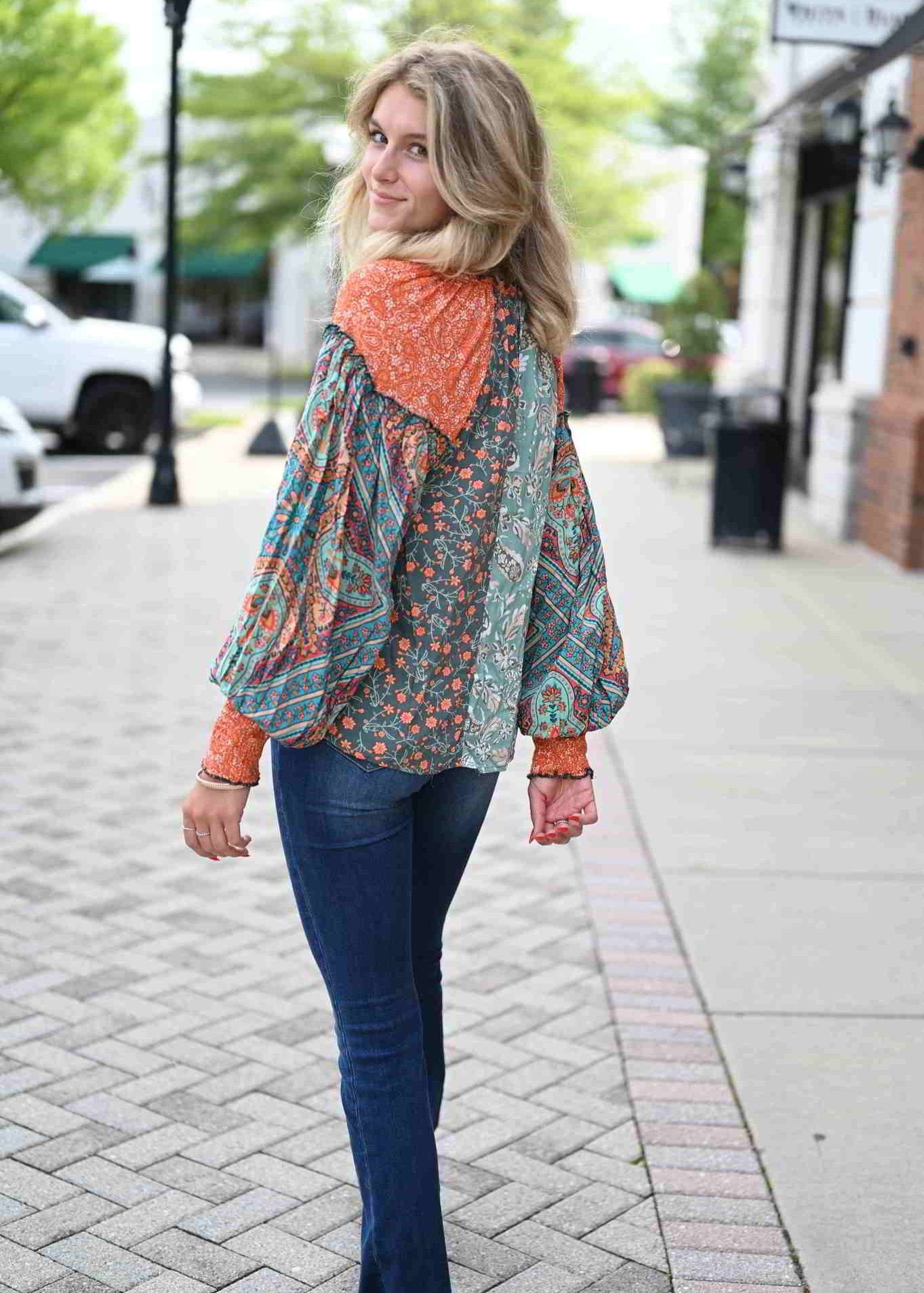 Multi-print long sleeve button down blouse